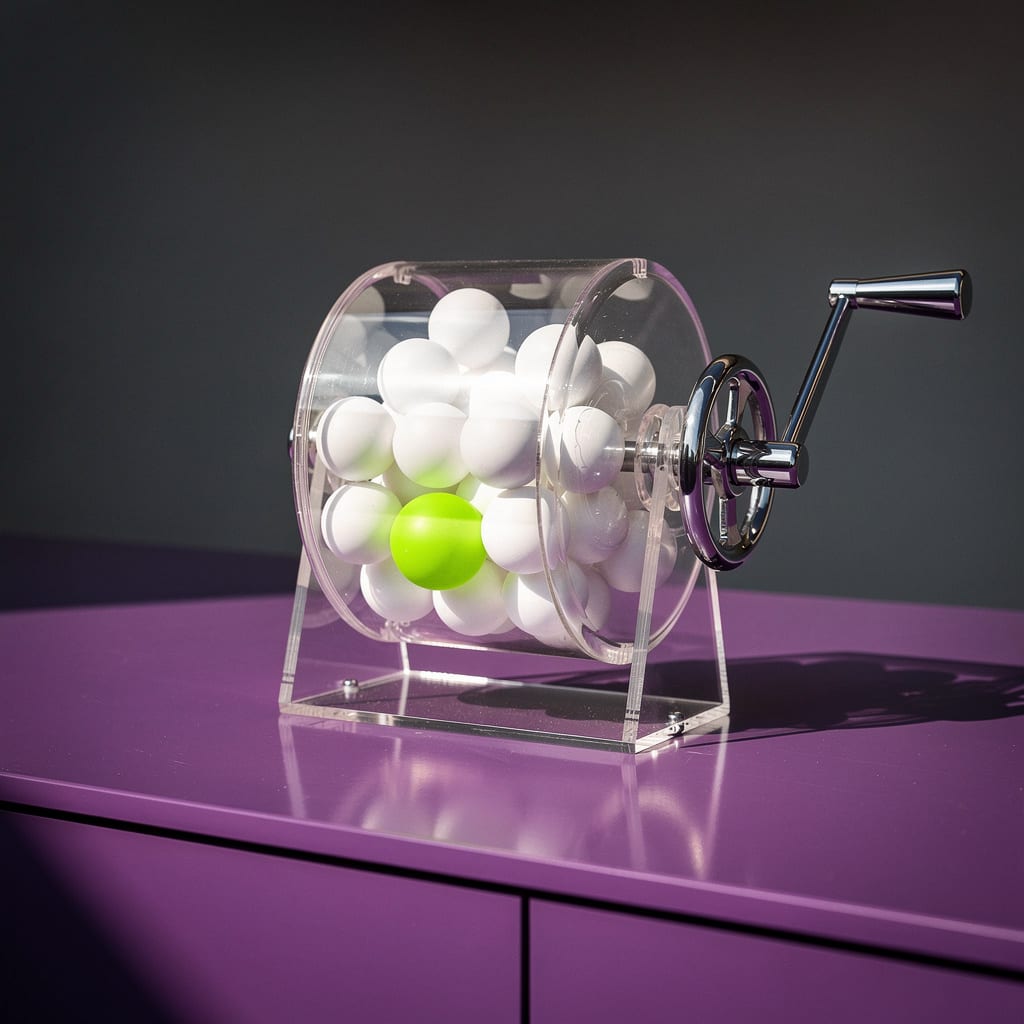 A transparent lottery drawing drum filled with plain white balls, one lime ball among them