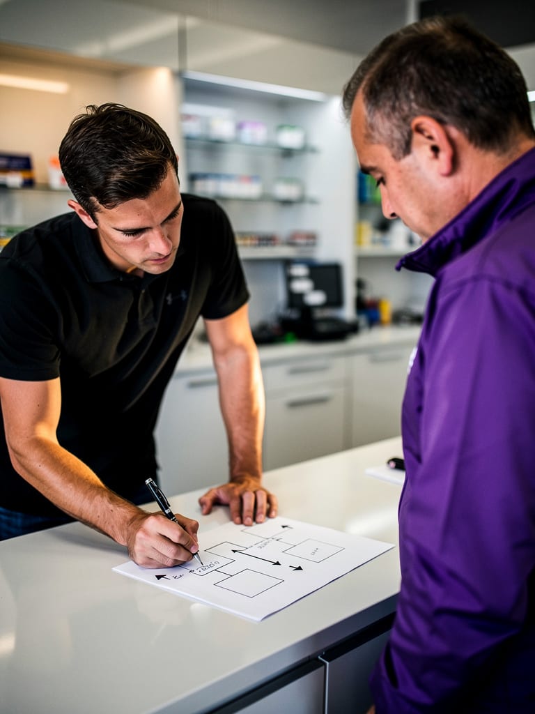 An instructor leaning over the counter, explaining a workflow sketch to a shop owner