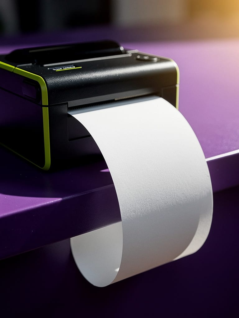 A thermal receipt curling out of a counter printer under hard light