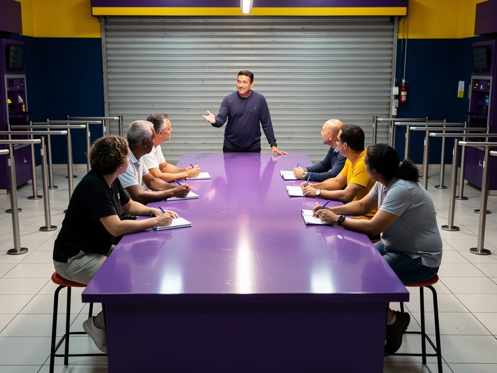 A lottery shop after closing, turned into a small AI workshop, with owners seated along the counter