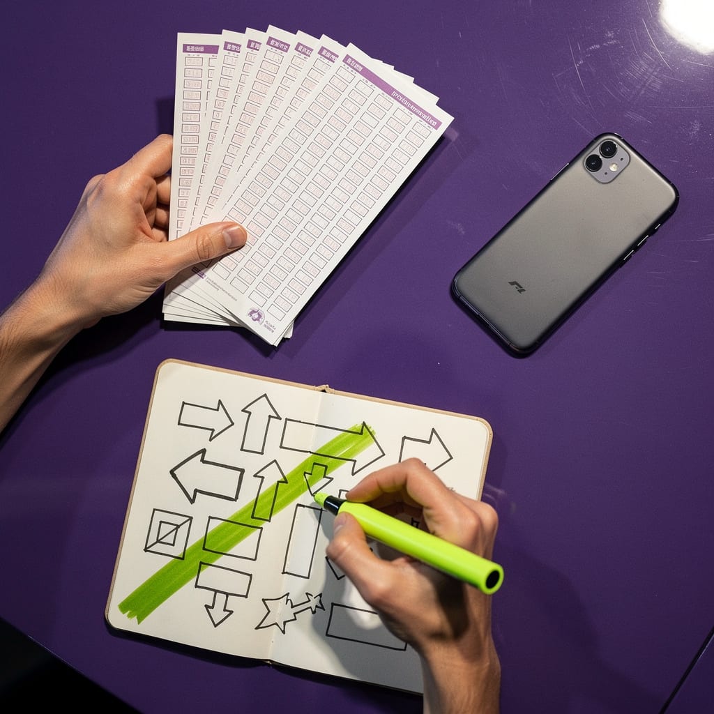 Hands sorting blank lottery slips and marking a grid with a lime highlighter